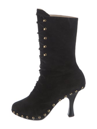 Manolo Blahnik Suede Studded Accents Lace-Up Boots