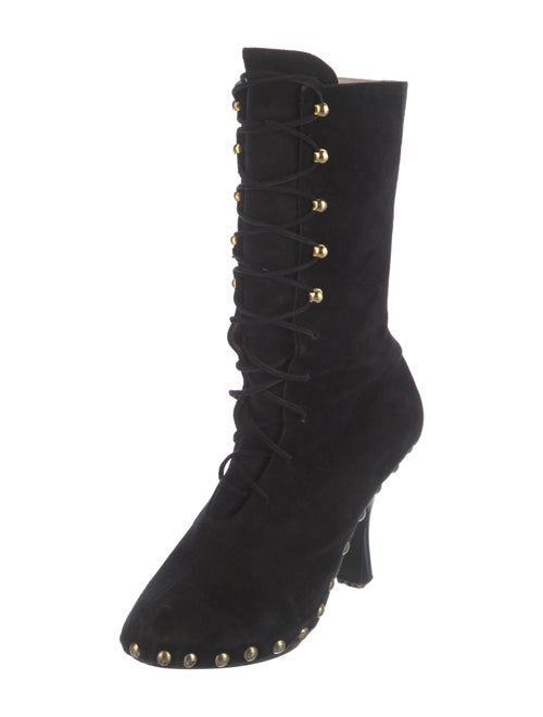 Manolo Blahnik Suede Studded Accents Lace-Up Boots