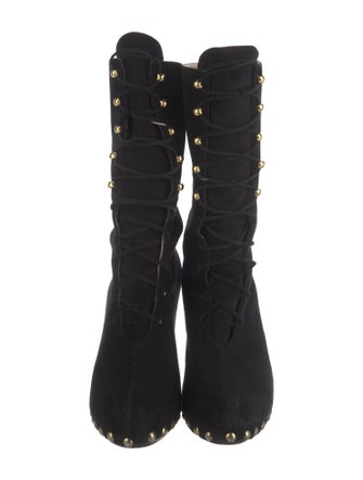 Manolo Blahnik Suede Studded Accents Lace-Up Boots