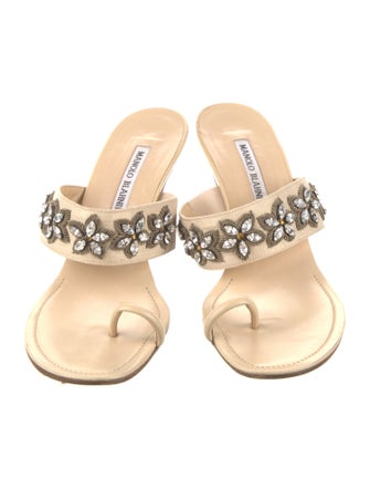 Manolo Blahnik Leather Crystal Embellishments Slides
