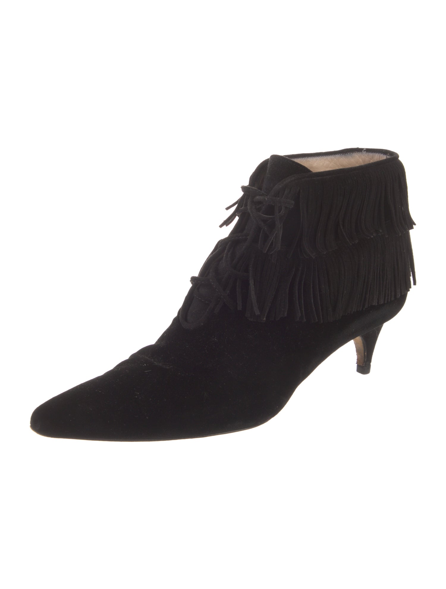 Manolo Blahnik Velvet Fringe Trim Accent Lace-Up Boots