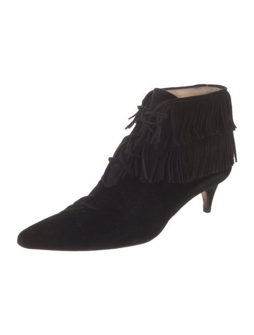 Manolo Blahnik Velvet Fringe Trim Accent Lace-Up Boots