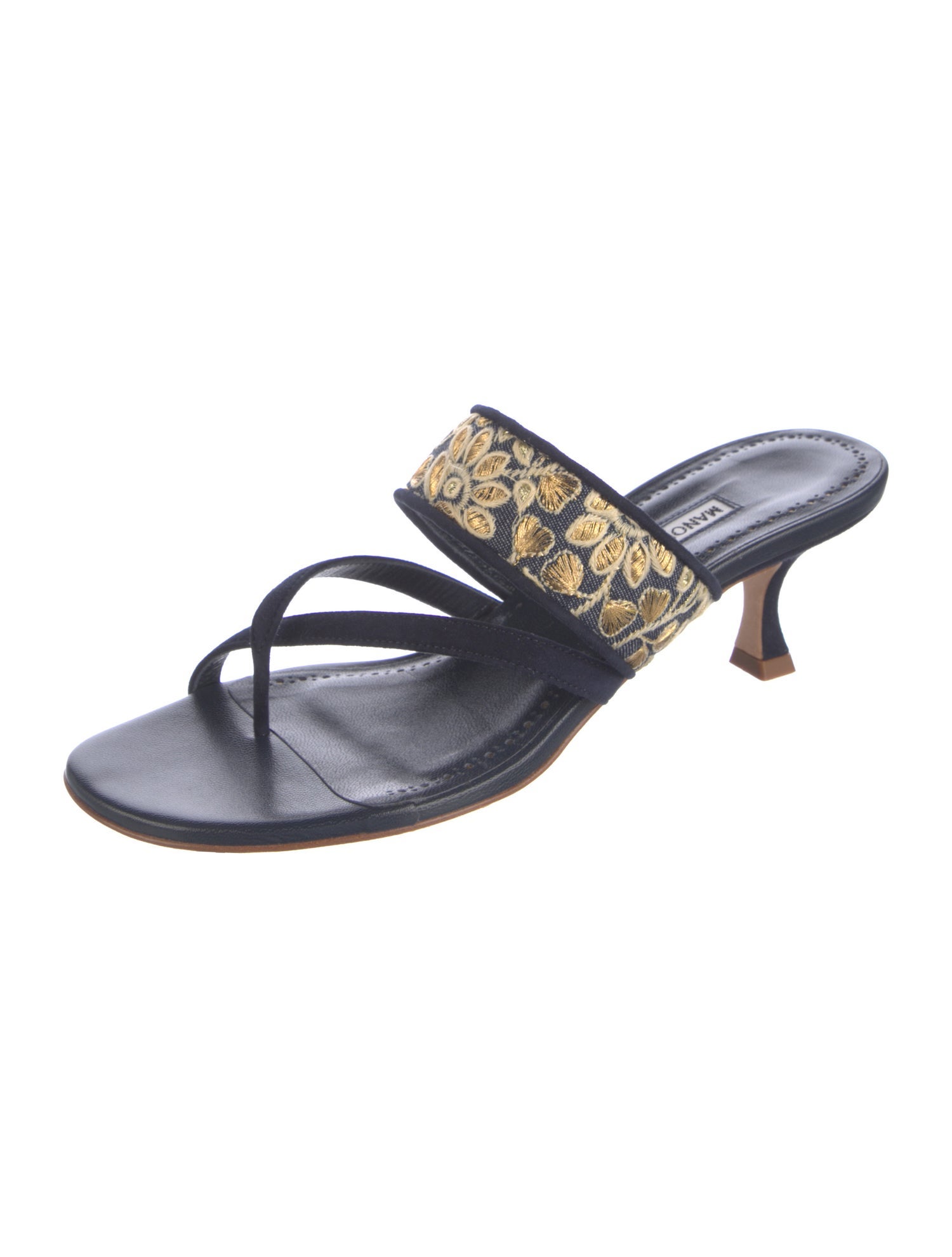 Manolo Blahnik Leather Embroidered Accent Slides