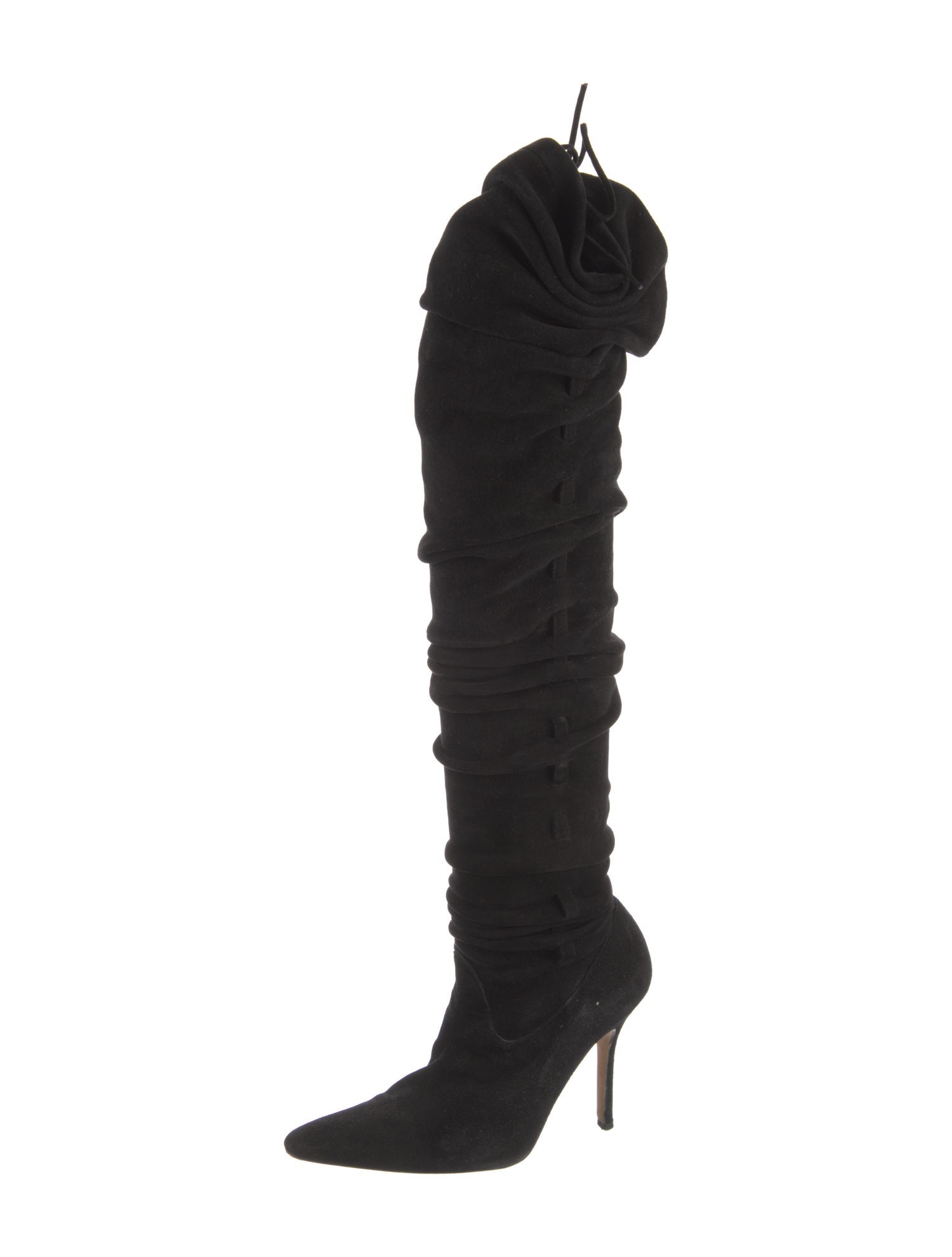 Manolo Blahnik Suede Ruffle Embellishment Lace-Up Boots