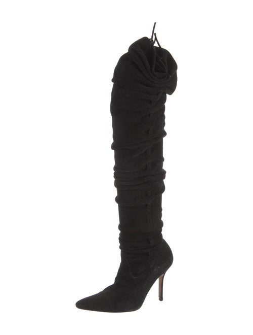 Manolo Blahnik Suede Ruffle Embellishment Lace-Up Boots
