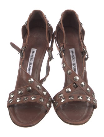 Manolo Blahnik Leather Studded Accents T-Strap Sandals