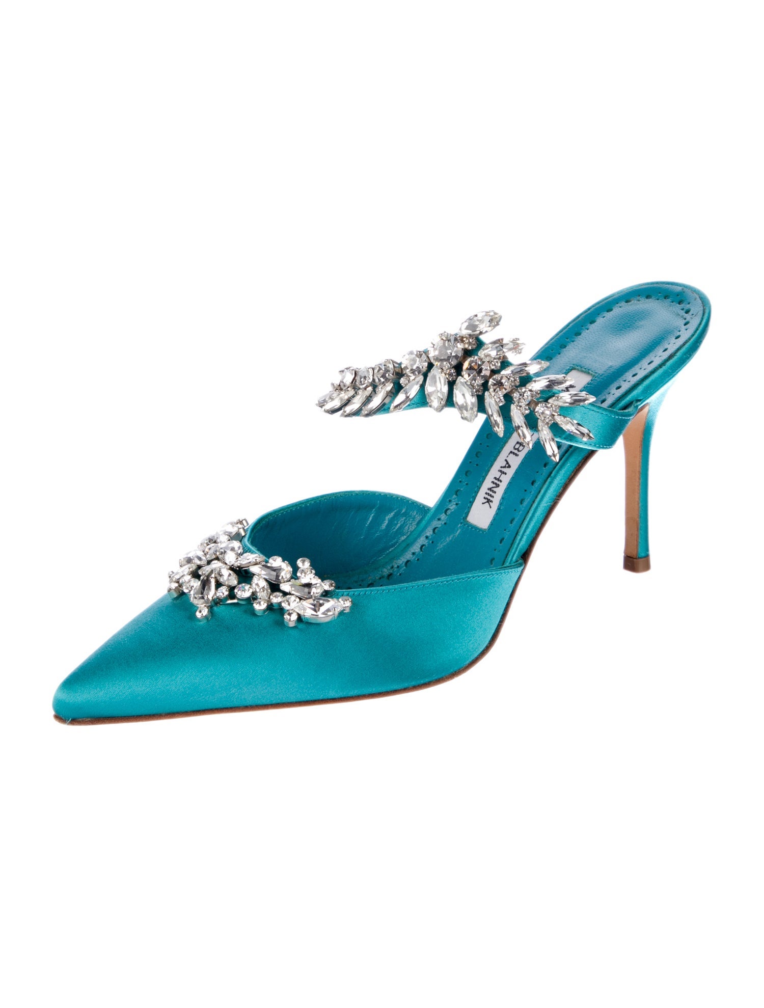 Manolo Blahnik Satin Crystal Embellishments Mules