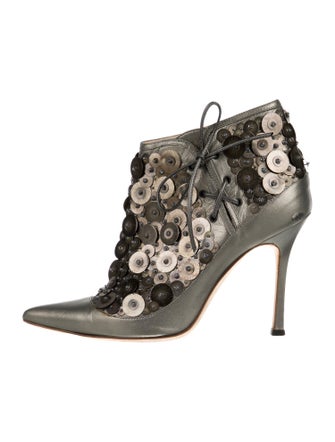 Manolo Blahnik Leather Beaded Accents Lace-Up Boots