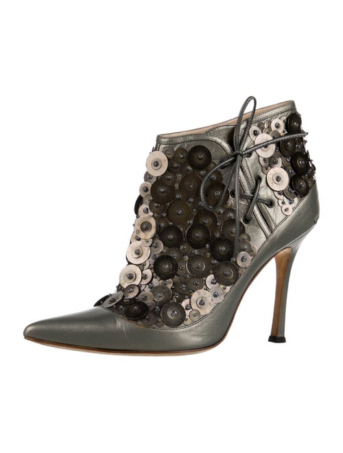 Manolo Blahnik Leather Beaded Accents Lace-Up Boots