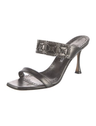 Manolo Blahnik Leather Crystal Embellishments Slides