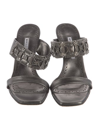 Manolo Blahnik Leather Crystal Embellishments Slides