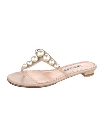 Manolo Blahnik Faux Pearl Accents Leather Slides