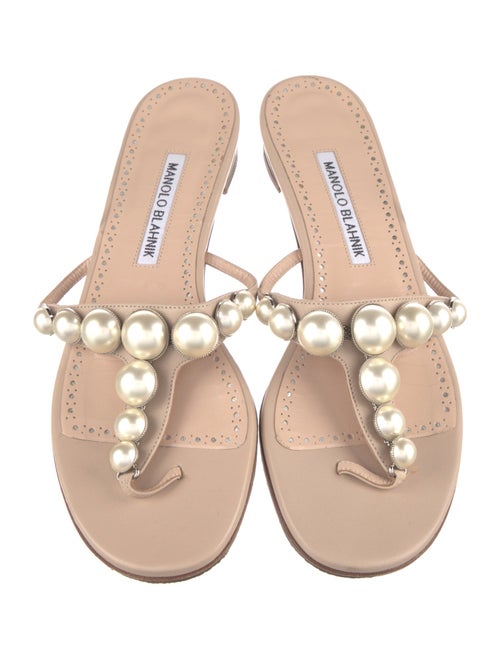 Manolo Blahnik Faux Pearl Accents Leather Slides