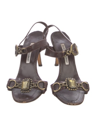Manolo Blahnik Leather Crystal Embellishments Slingback Sandals
