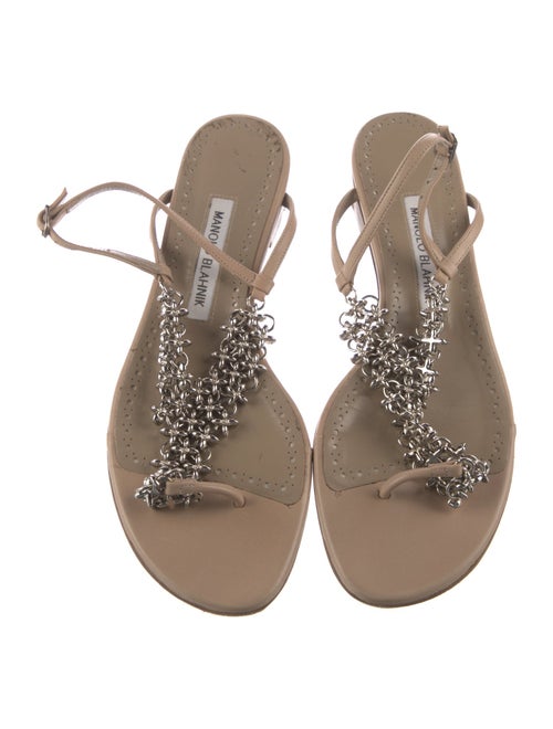 Manolo Blahnik Leather Chain-Link Accents T-Strap Sandals