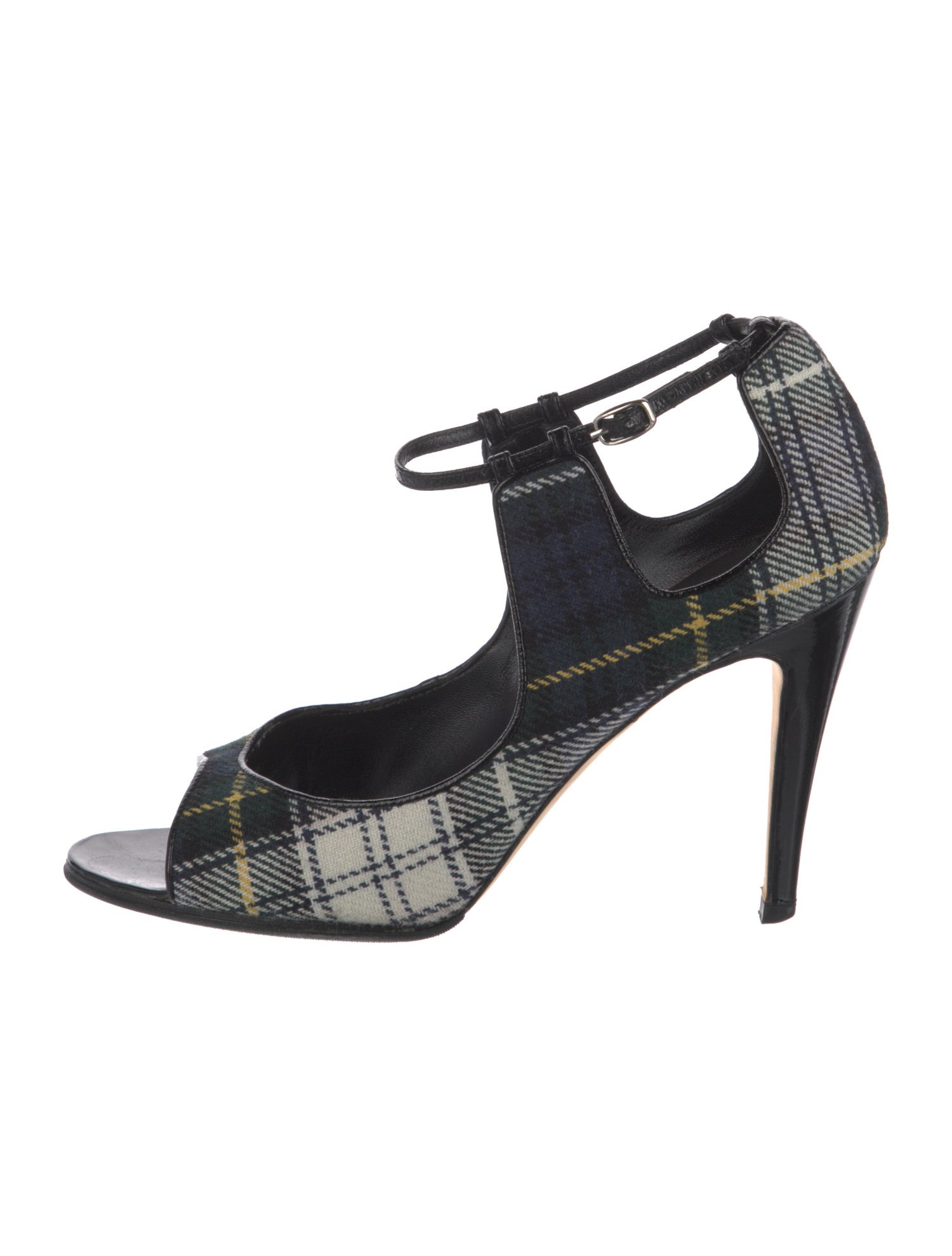 Manolo Blahnik Canvas Plaid Print T-Strap Sandals