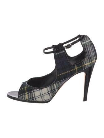 Manolo Blahnik Canvas Plaid Print T-Strap Sandals
