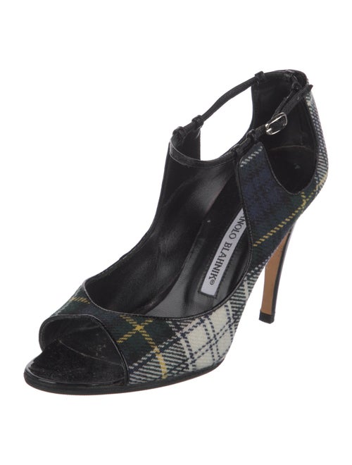 Manolo Blahnik Canvas Plaid Print T-Strap Sandals