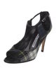 Manolo Blahnik Canvas Plaid Print T-Strap Sandals