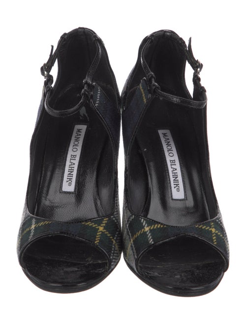 Manolo Blahnik Canvas Plaid Print T-Strap Sandals