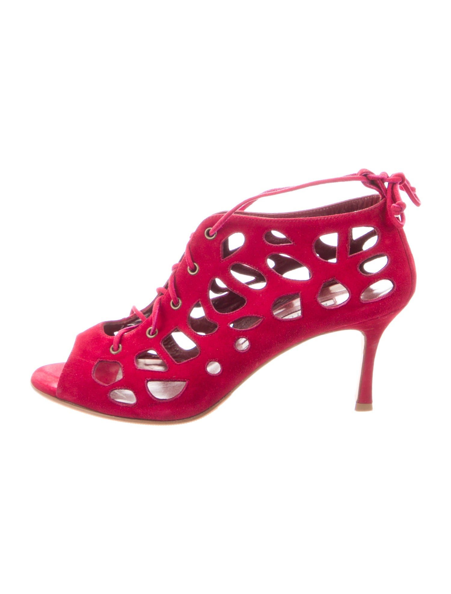 Manolo Blahnik Suede Cutout Accent T-Strap Pumps