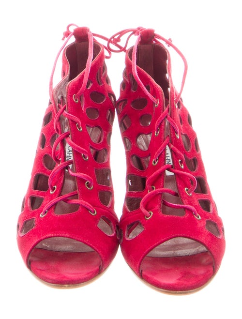 Manolo Blahnik Suede Cutout Accent T-Strap Pumps