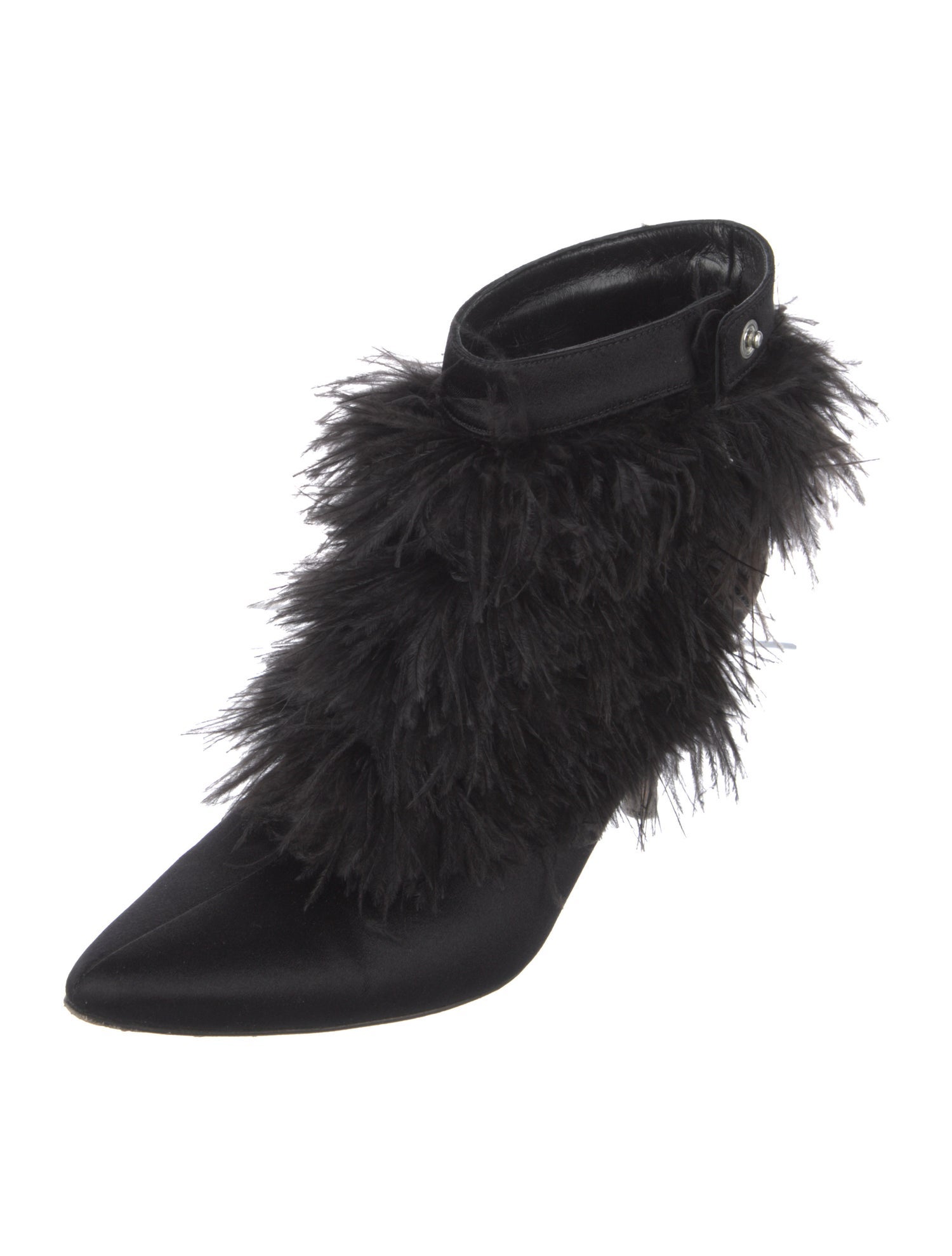 Manolo Blahnik Satin Feather Trim Mules