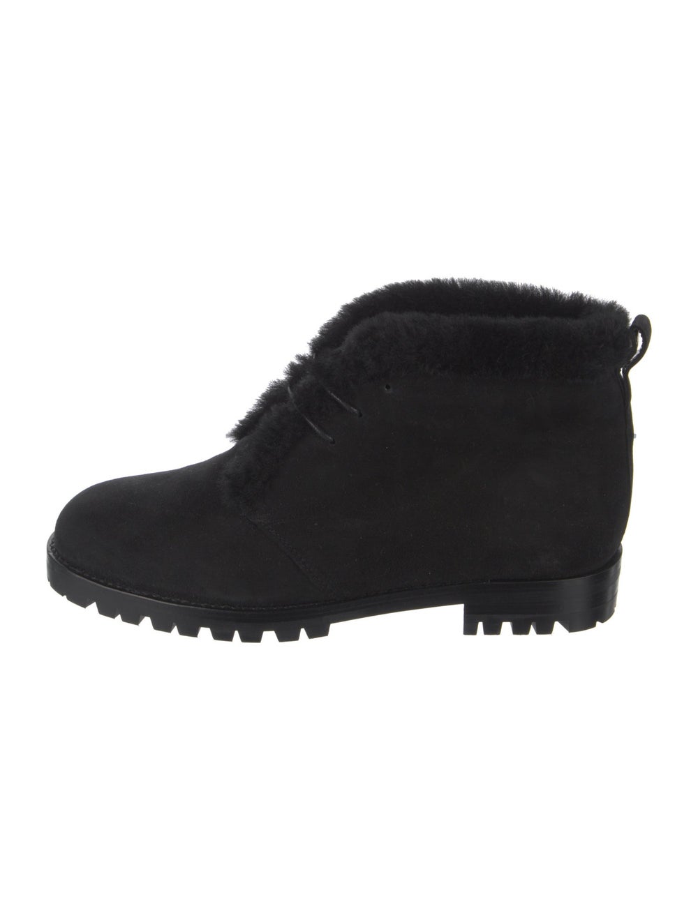 Manolo Blahnik Suede Ankle Lace-Up Boots Black Round-Toes with Faux Fur Trim Lace-Up Closure at Uppers