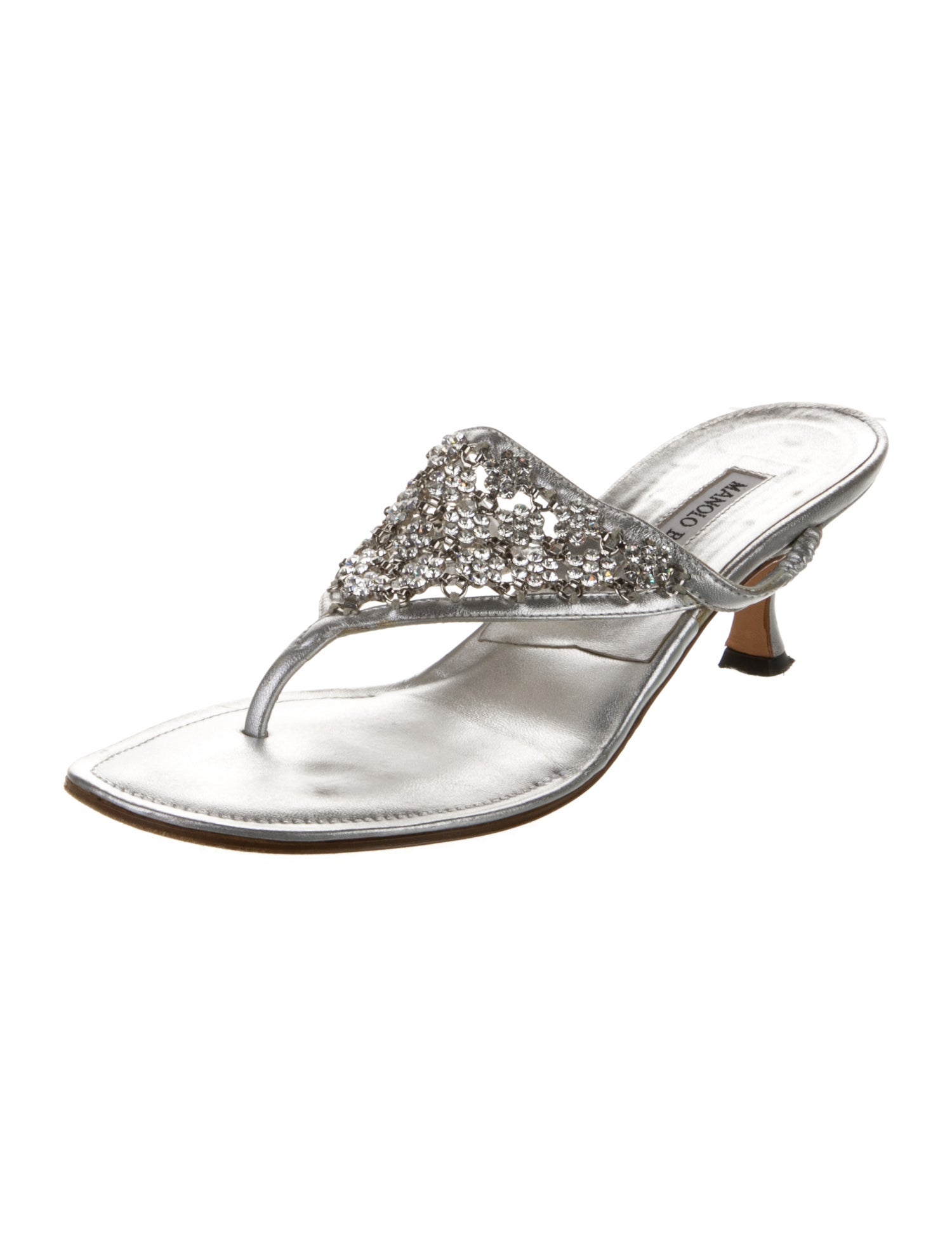 Manolo Blahnik Leather Crystal Embellishments Slides