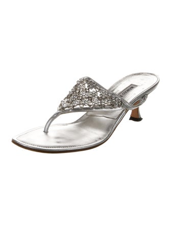 Manolo Blahnik Leather Crystal Embellishments Slides