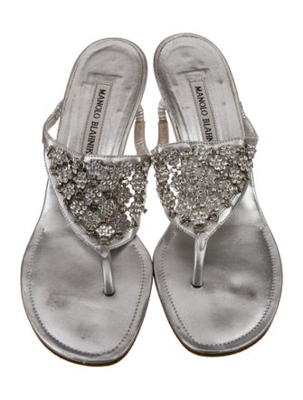 Manolo Blahnik Leather Crystal Embellishments Slides