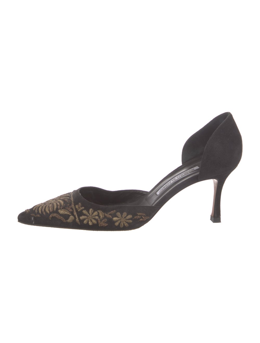 Manolo Blahnik Suede D'Orsay Pumps Black Floral Print Semi-Pointed Toes