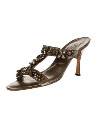 Manolo Blahnik Leather Crystal Embellishments Slides