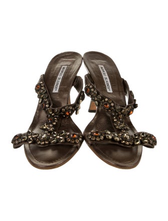 Manolo Blahnik Leather Crystal Embellishments Slides
