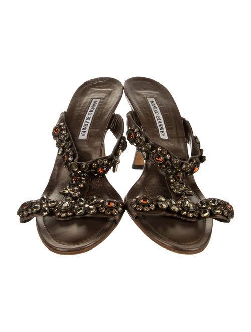 Manolo Blahnik Leather Crystal Embellishments Slides