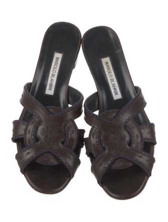 Manolo Blahnik Leather Scalloped Accent Slides