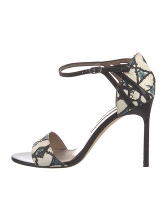 Manolo Blahnik Leather Animal Print T-Strap Sandals