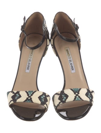 Manolo Blahnik Leather Animal Print T-Strap Sandals