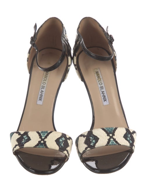 Manolo Blahnik Leather Animal Print T-Strap Sandals