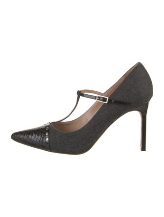Manolo Blahnik Wool Studded Accents T-Strap Pumps