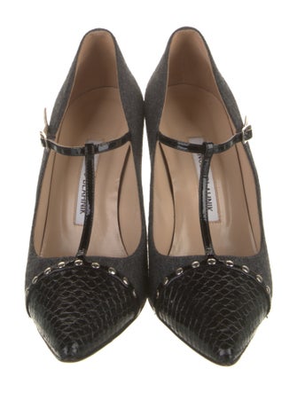 Manolo Blahnik Wool Studded Accents T-Strap Pumps