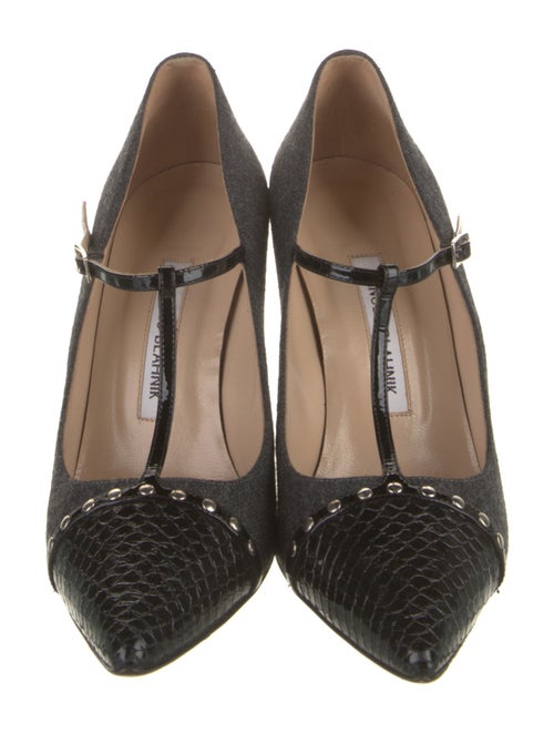 Manolo Blahnik Wool Studded Accents T-Strap Pumps