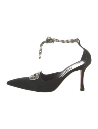 Manolo Blahnik Canvas Crystal Embellishments T-Strap Pumps