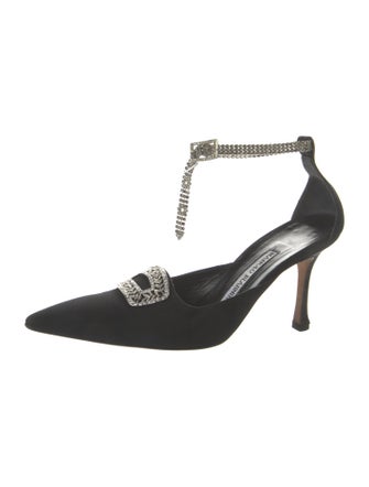 Manolo Blahnik Canvas Crystal Embellishments T-Strap Pumps