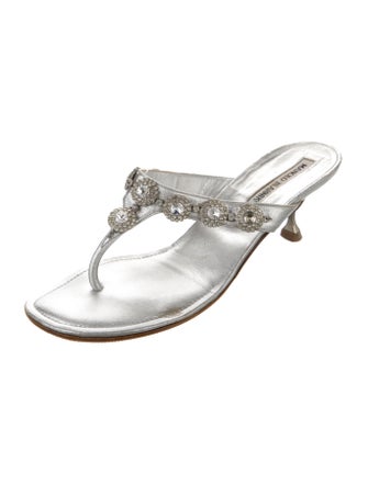 Manolo Blahnik Leather Crystal Embellishments Slides