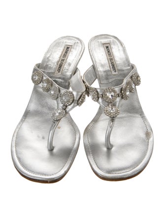Manolo Blahnik Leather Crystal Embellishments Slides
