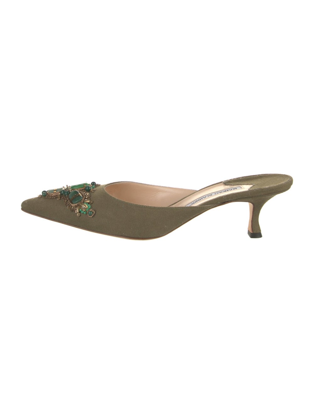Manolo Blahnik Canvas Mules Green Beaded & Sequin Accents Semi-Pointed Toes