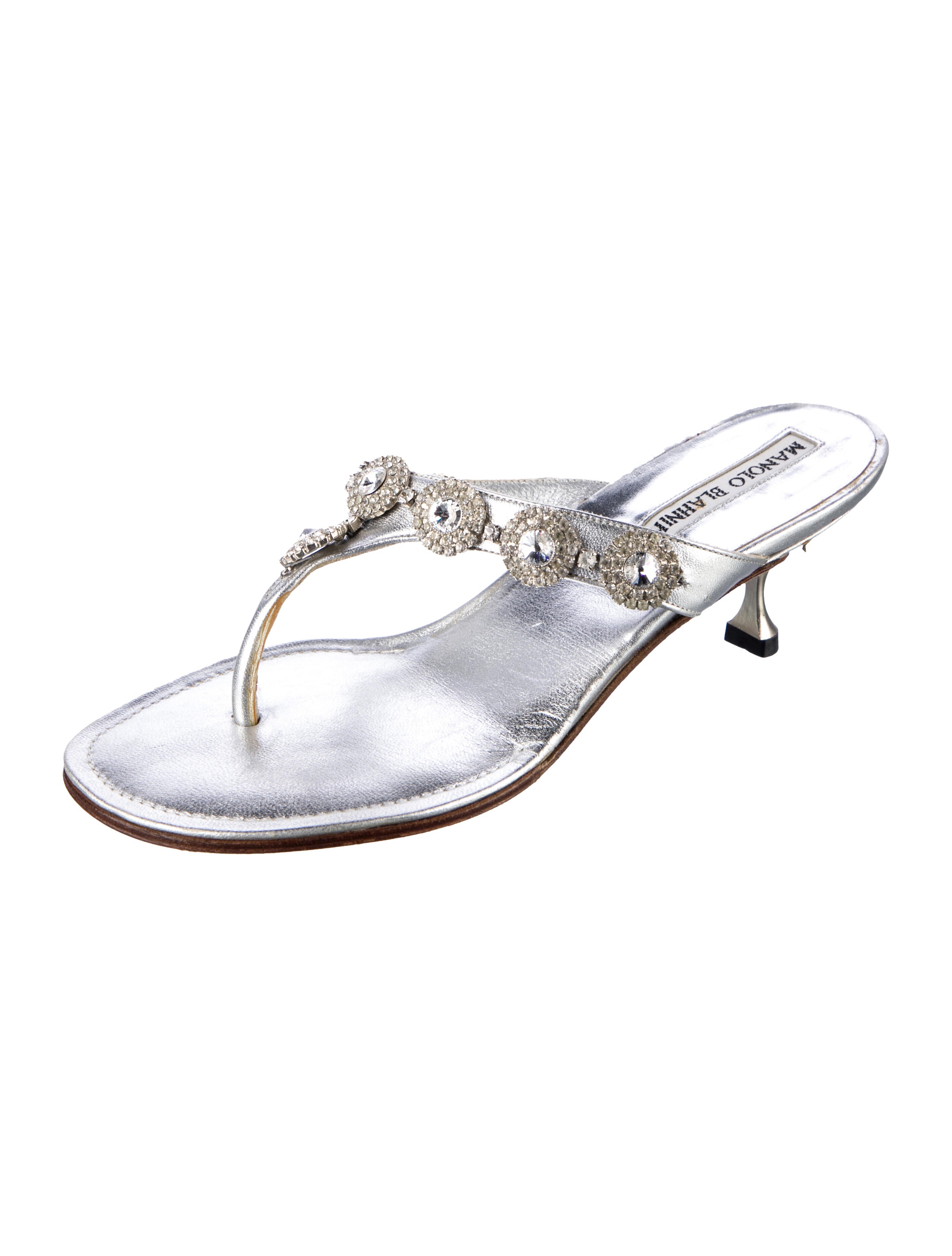 Manolo Blahnik Leather Crystal Embellishments Slides