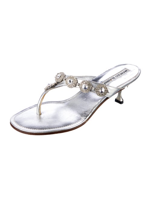 Manolo Blahnik Leather Crystal Embellishments Slides