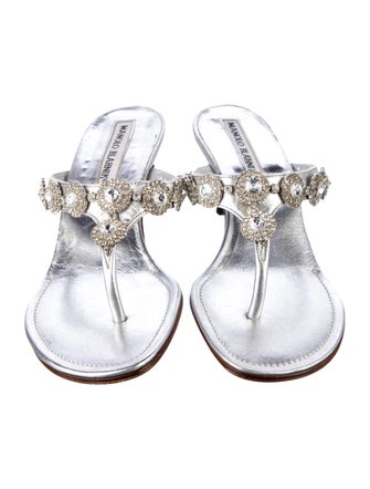 Manolo Blahnik Leather Crystal Embellishments Slides